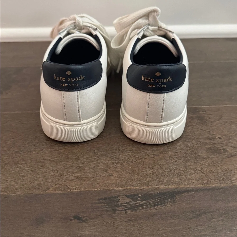 Kate Spade Fez White Leather Sneakers Navy Spade Logo Women’s 7